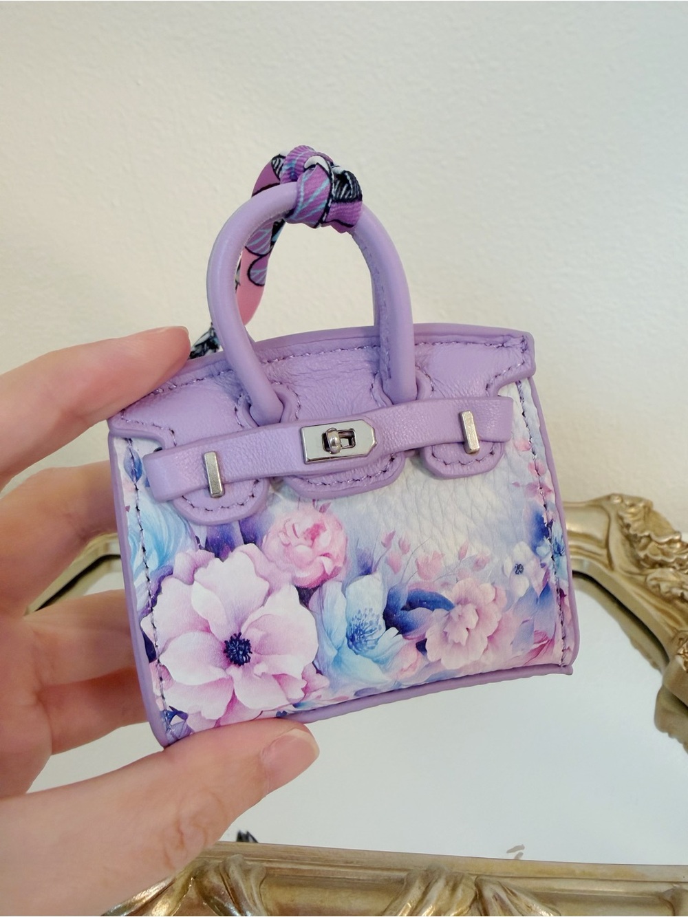 Mini Leather Bag Charm Floral Print Purple Tiny Tote Keychain